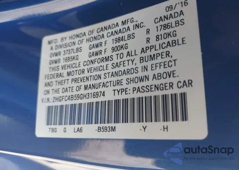 2016 Honda Civic Lx из США, поврежденный, VIN 2HGFC4B59GH316974